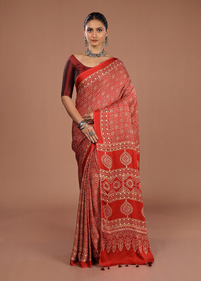 Red Printed Pure Silk Saree Without Blouse Piece