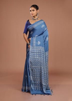 Blue Printed Pure Silk Saree Without Blouse Piece