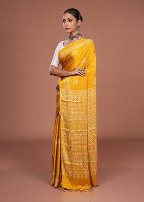 Yellow Printed Pure Silk Saree Without Blouse Piece