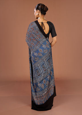 Blue Printed Silk Saree Without Blouse Piece