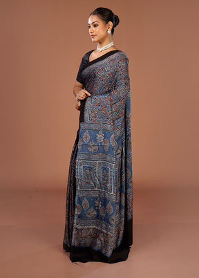 Blue Printed Silk Saree Without Blouse Piece