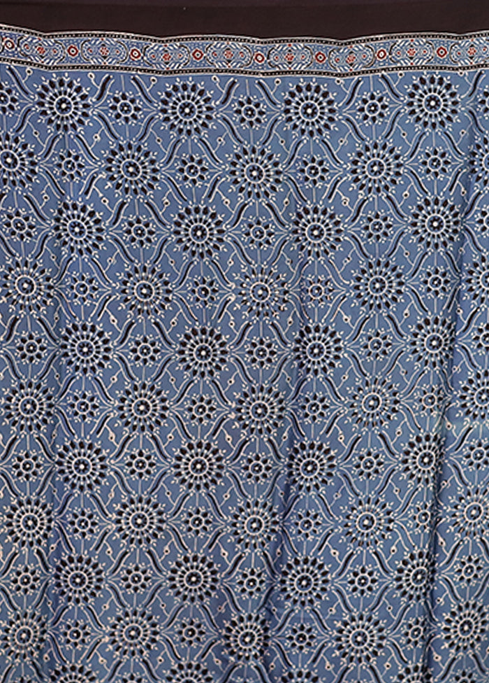 Blue Printed Silk Saree Without Blouse Piece