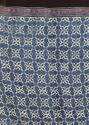 Blue Printed Pure Silk Saree Without Blouse Piece