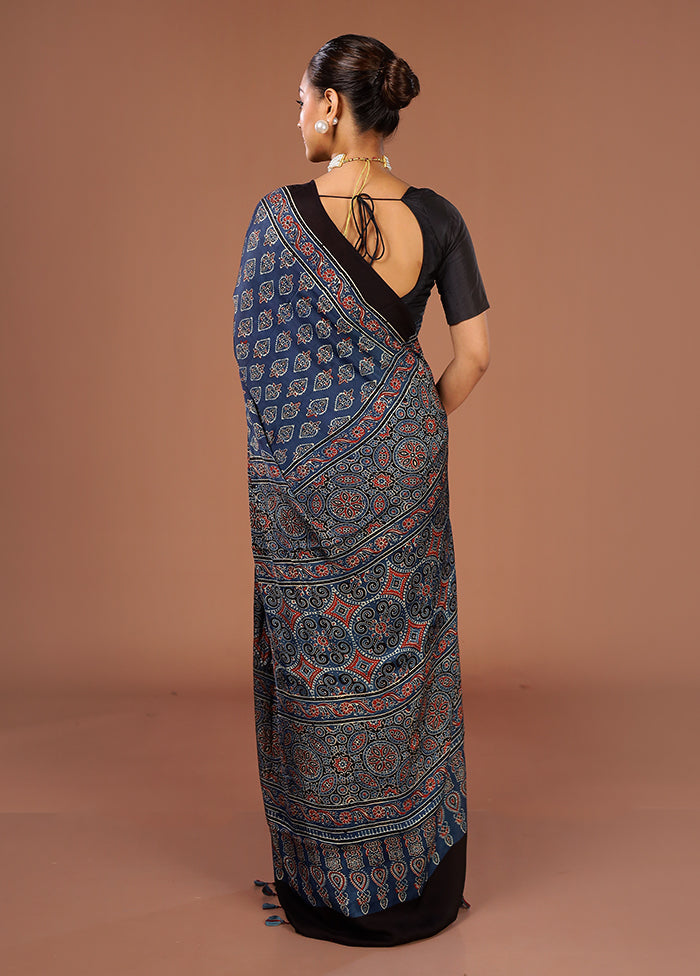 Blue Printed Silk Saree Without Blouse Piece