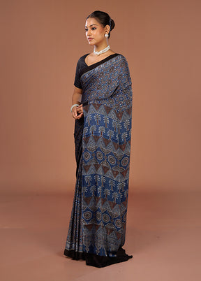 Blue Printed Pure Silk Saree Without Blouse Piece