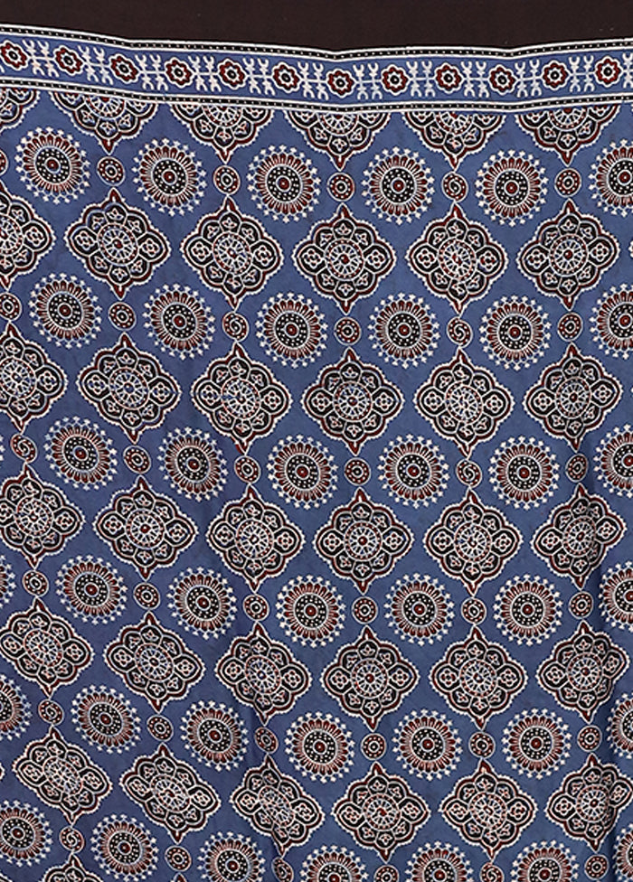 Blue Printed Pure Silk Saree Without Blouse Piece