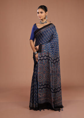 Blue Printed Pure Silk Saree Without Blouse Piece