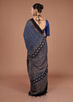 Blue Printed Pure Silk Saree Without Blouse Piece