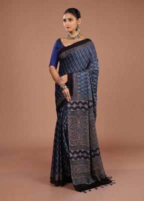 Blue Printed Pure Silk Saree Without Blouse Piece