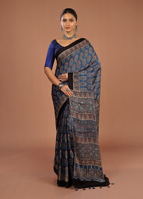 Blue Printed Pure Silk Saree Without Blouse Piece