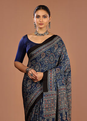Blue Printed Pure Silk Saree Without Blouse Piece