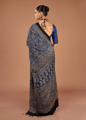 Blue Printed Pure Silk Saree Without Blouse Piece