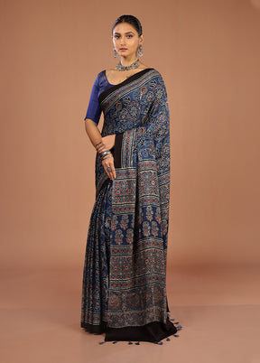 Blue Printed Pure Silk Saree Without Blouse Piece
