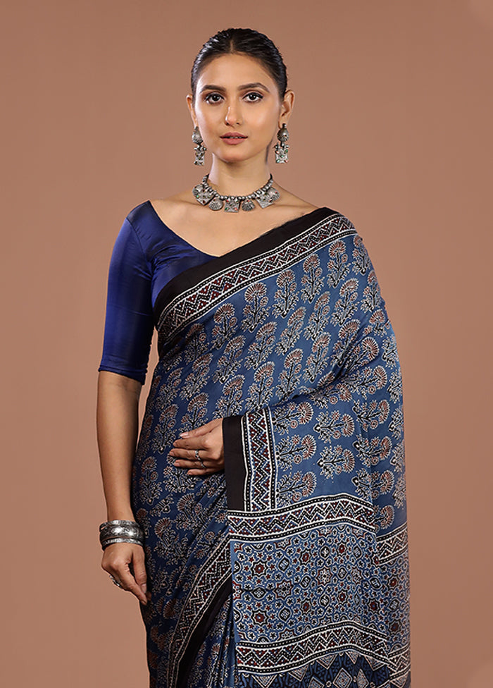 Blue Printed Silk Saree Without Blouse Piece