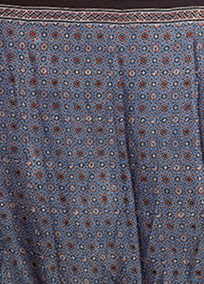 Blue Printed Silk Saree Without Blouse Piece
