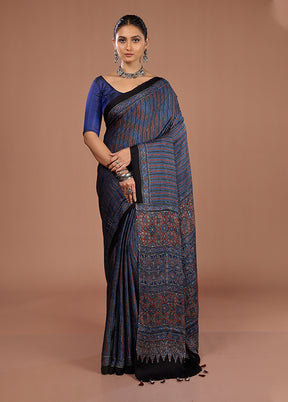 Blue Printed Pure Silk Saree Without Blouse Piece