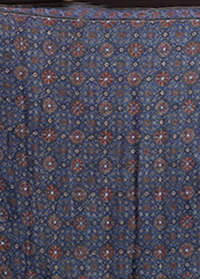 Blue Printed Pure Silk Saree Without Blouse Piece