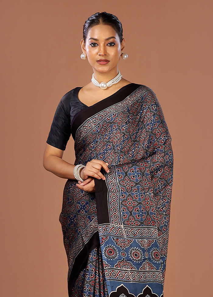 Blue Printed Pure Silk Saree Without Blouse Piece