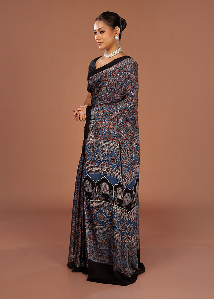 Blue Printed Pure Silk Saree Without Blouse Piece