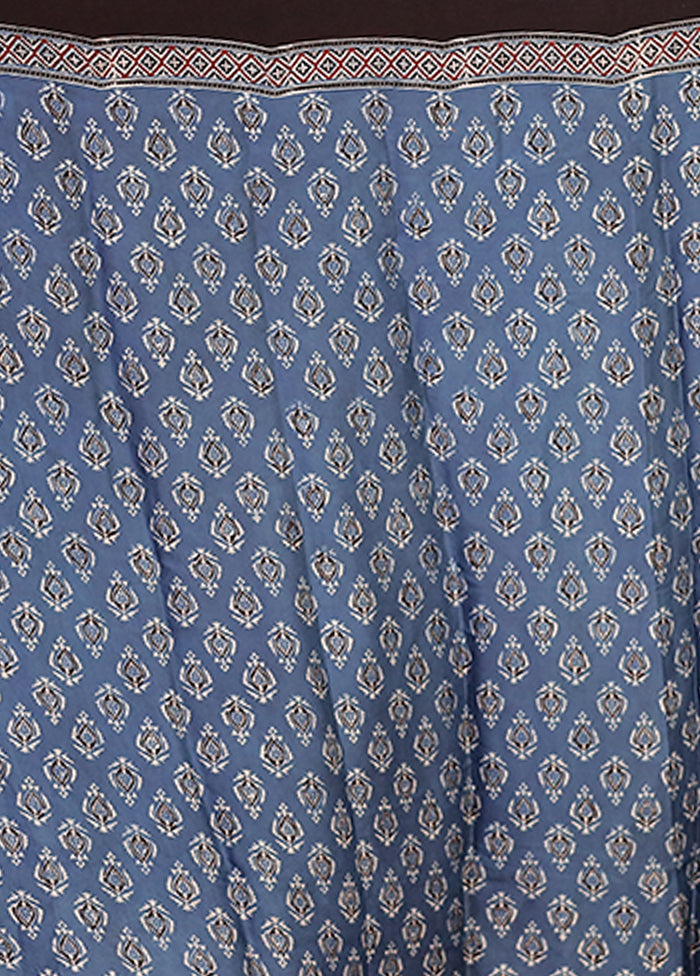 Blue Printed Pure Silk Saree Without Blouse Piece