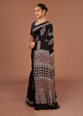 Black Printed Pure Silk Saree Without Blouse Piece