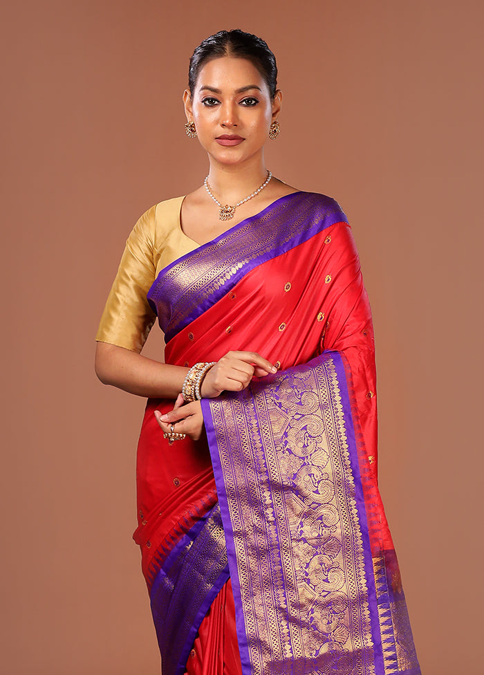 Red Gadwal Silk Saree Without Blouse Piece