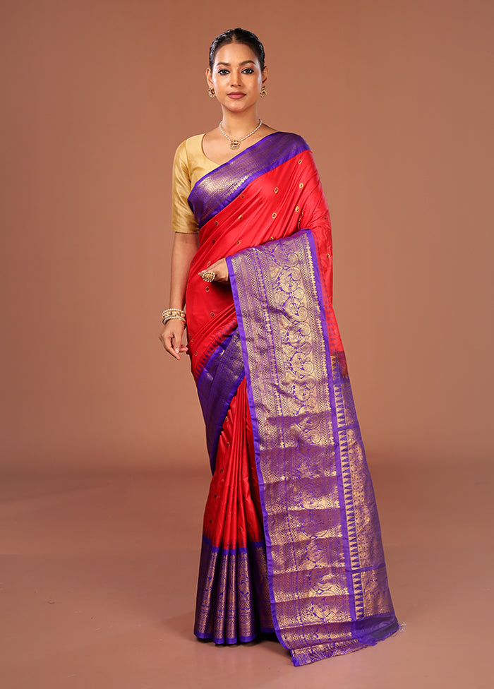 Red Gadwal Silk Saree Without Blouse Piece