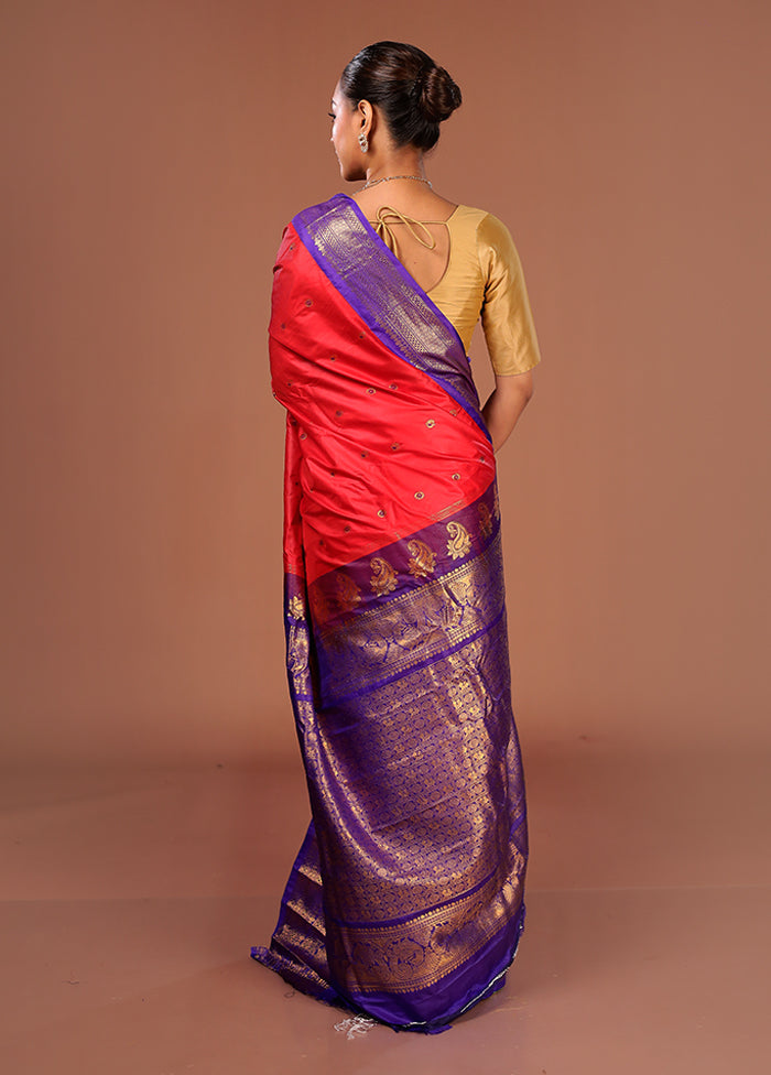 Red Gadwal Silk Saree Without Blouse Piece