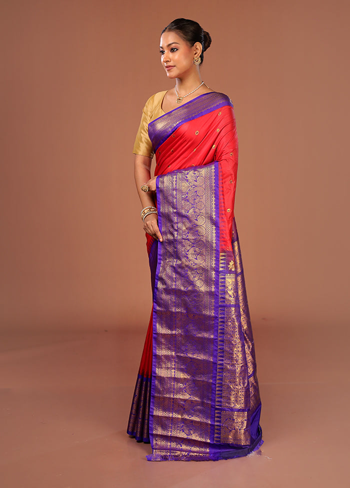 Red Gadwal Silk Saree Without Blouse Piece