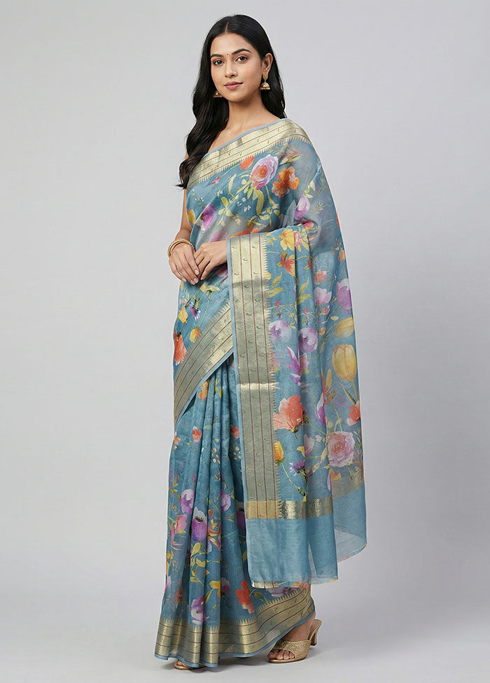 Blue Tussar Silk Saree With Blouse Piece