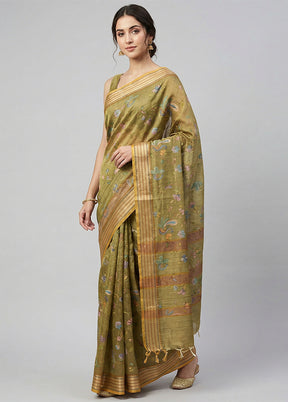 Green Tussar Silk Saree With Blouse Piece