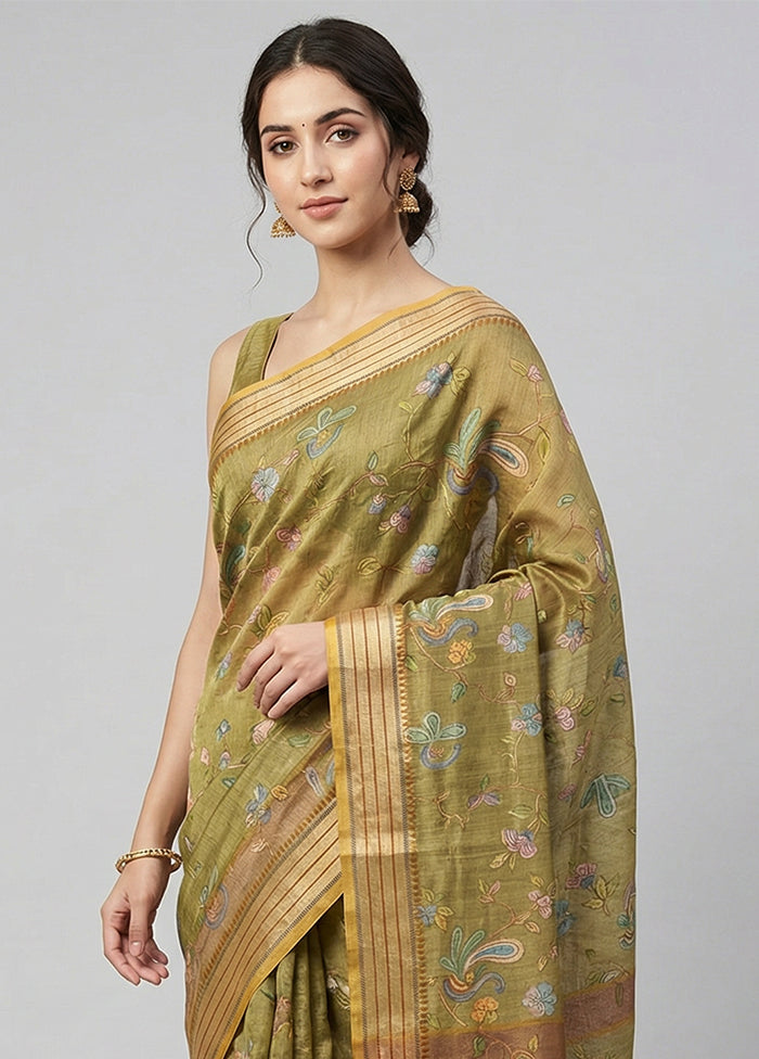Green Tussar Silk Saree With Blouse Piece