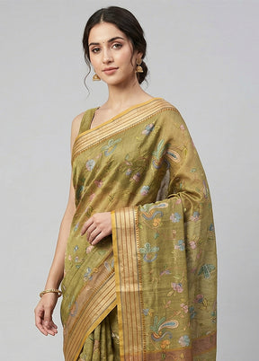 Green Tussar Silk Saree With Blouse Piece