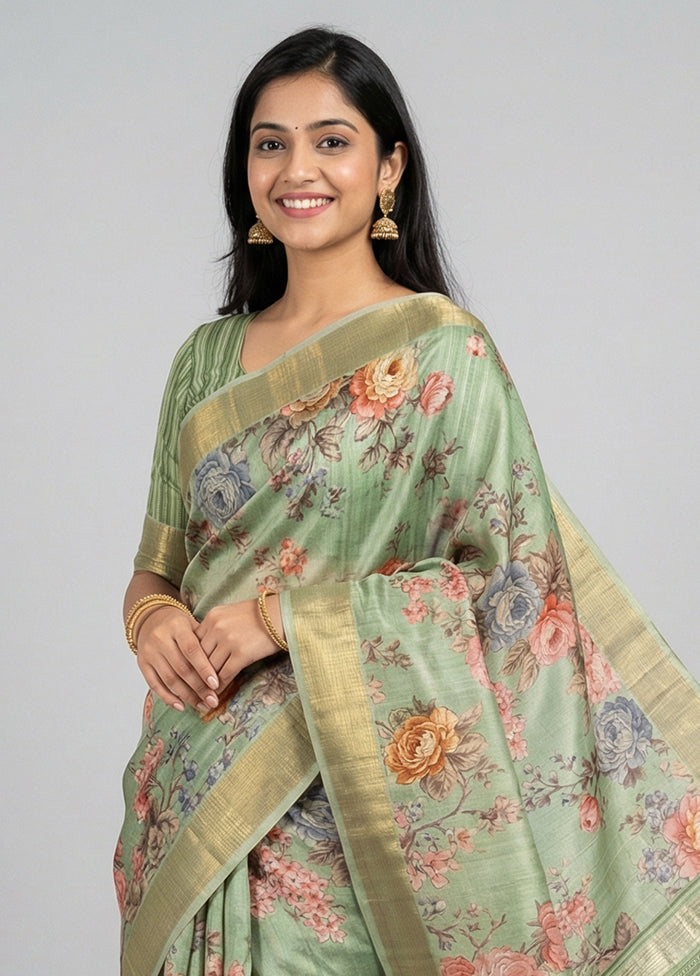 Green Tussar Silk Saree With Blouse Piece