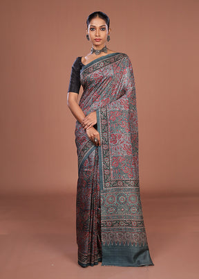 Grey Tussar Silk Saree With Blouse Piece