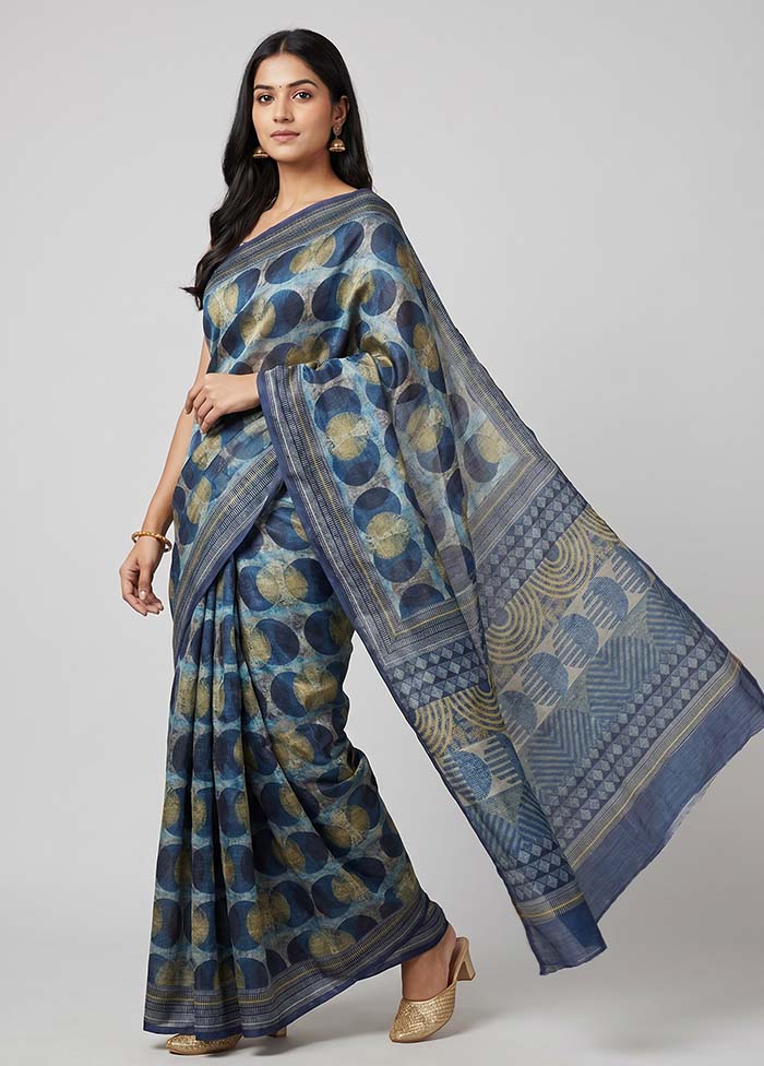Blue Tussar Silk Saree With Blouse Piece