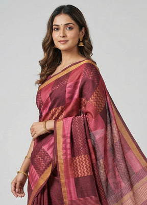 Maroon Tussar Silk Saree With Blouse Piece