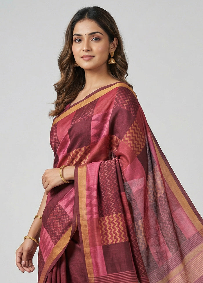 Maroon Tussar Silk Saree With Blouse Piece