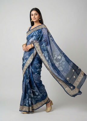Blue Tussar Silk Saree With Blouse Piece