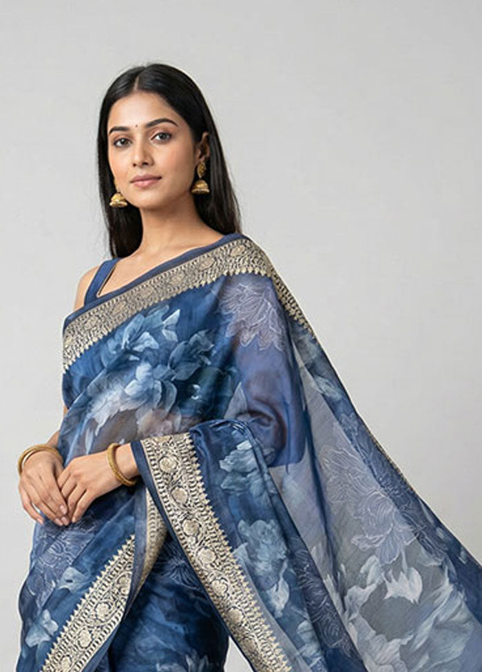 Blue Tussar Silk Saree With Blouse Piece