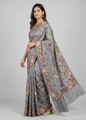 Grey Tussar Silk Saree With Blouse Piece