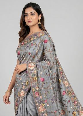 Grey Tussar Silk Saree With Blouse Piece