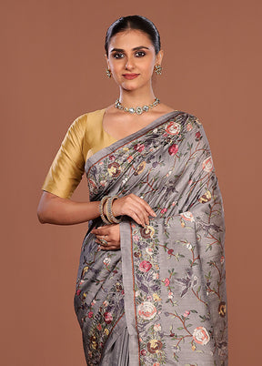 Grey Tussar Silk Saree With Blouse Piece