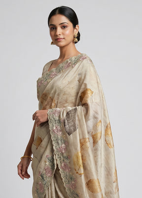 Cream Tussar Silk Saree With Blouse Piece