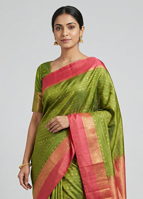 Green Handloom Kanjivaram Pure Silk Saree With Blouse Piece