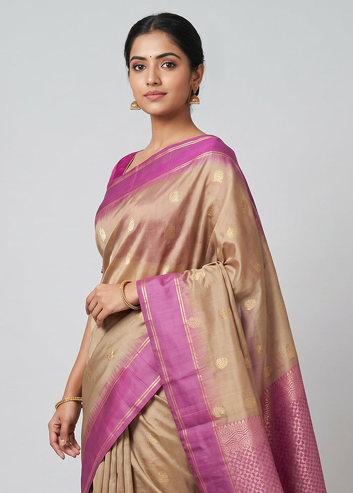 Cream Handloom Kanjivaram Pure Silk Saree With Blouse Piece