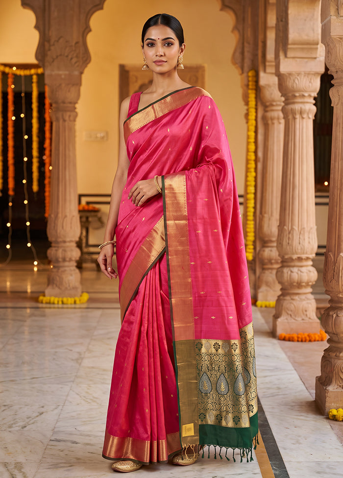 Pink Handloom Kanjivaram Pure Silk Saree With Blouse Piece