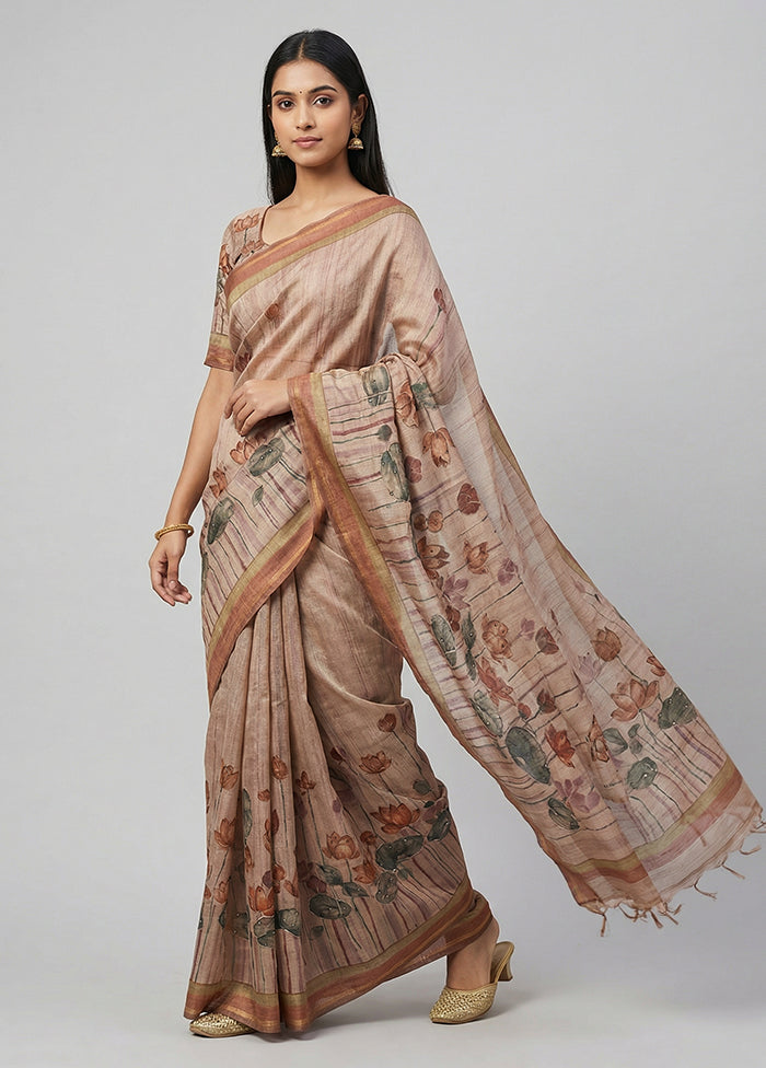 Cream Tussar Silk Saree With Blouse Piece