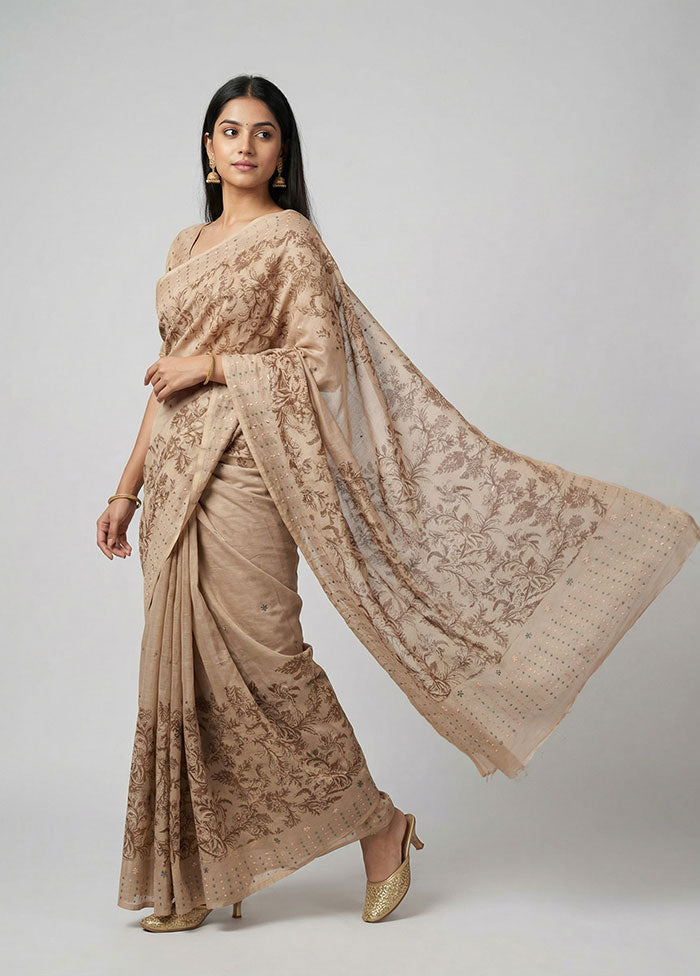 Cream Tussar Silk Saree With Blouse Piece