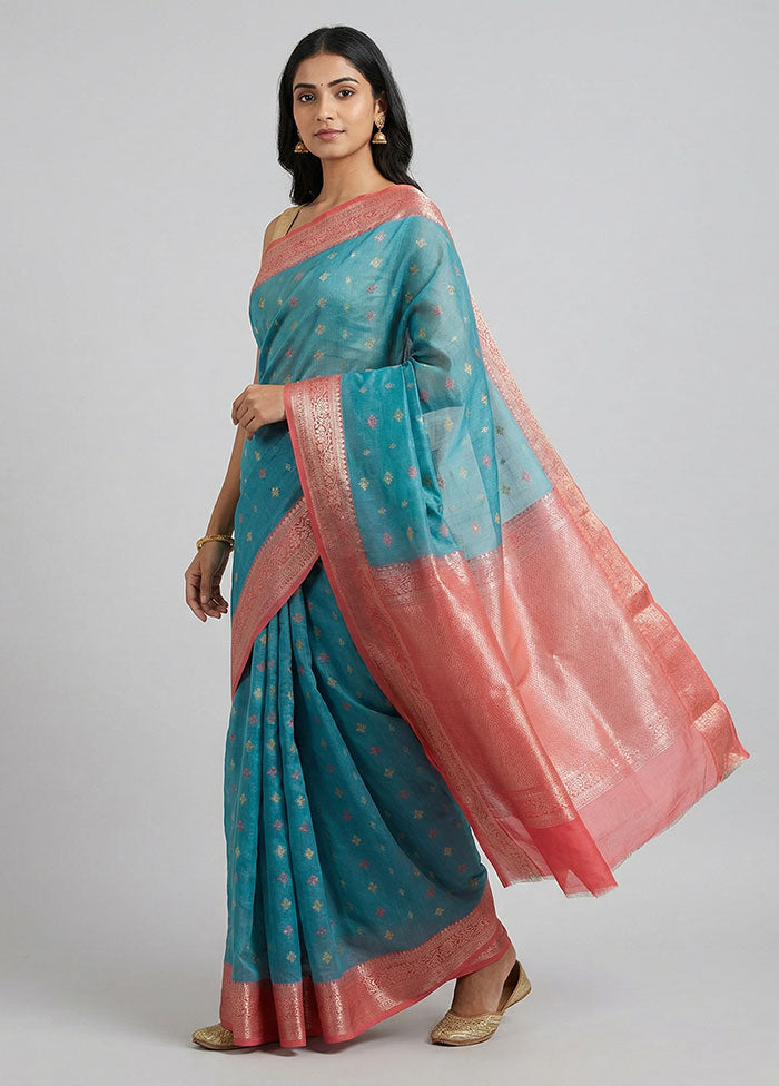 Blue Pure Cotton Saree With Blouse Piece